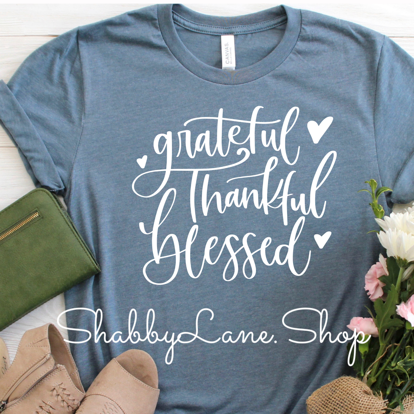 Grateful Thankful Blessed - Slate tee Shabby Lane