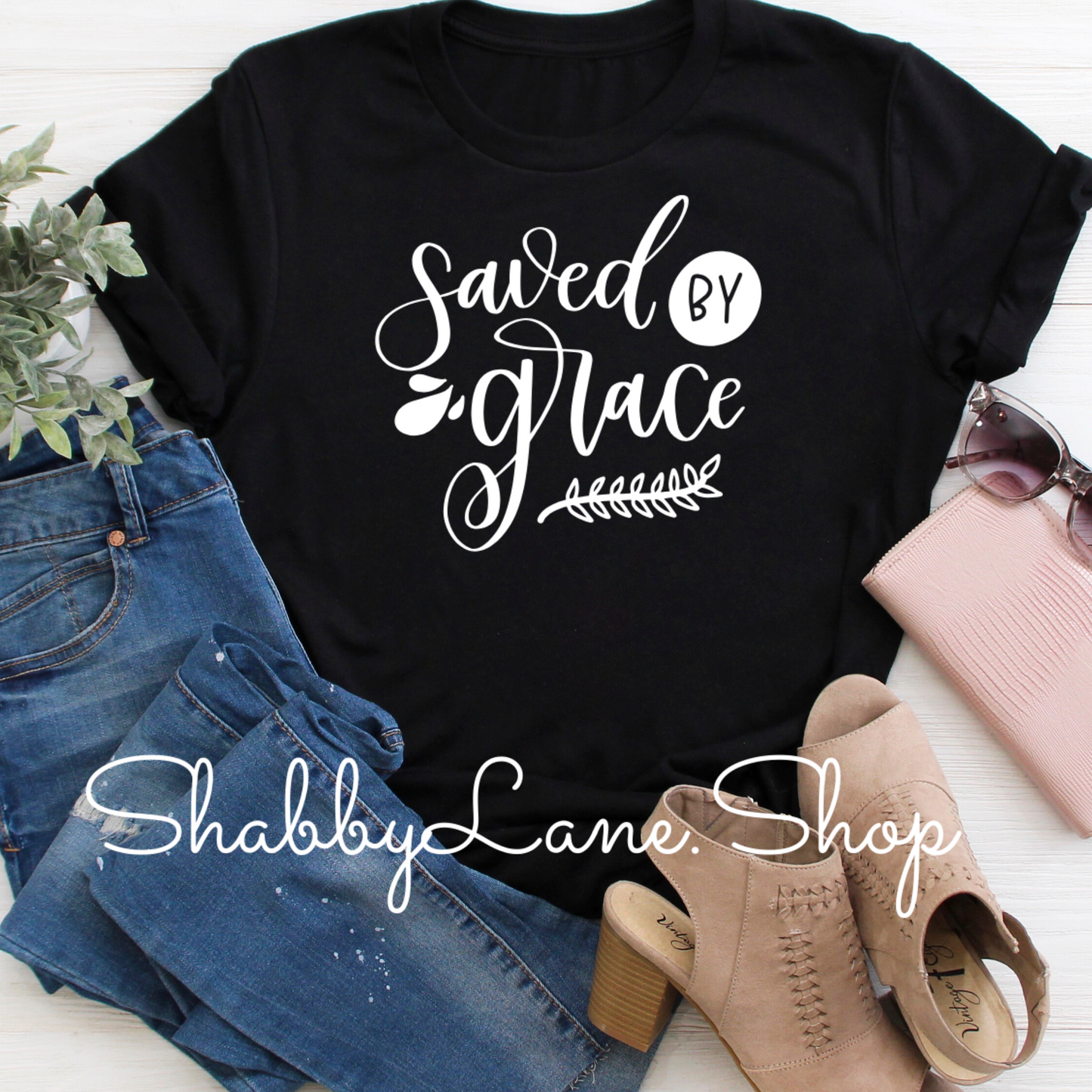 Saved by Grace Black tee tee Shabby Lane