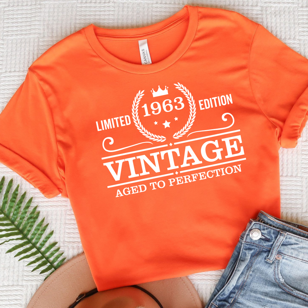 Vintage 1963 birthday - orange  white vinyl T-shirt tee Shabby Lane   