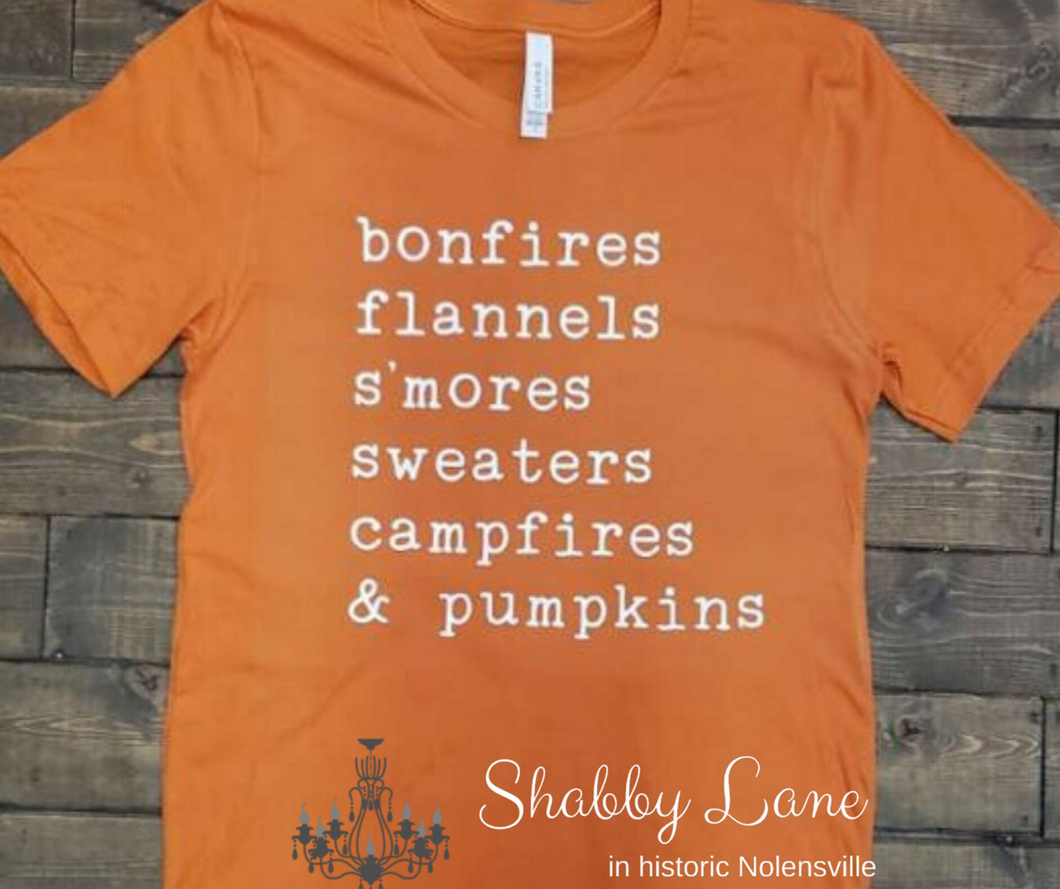 Bonfires, flannels and s’mores fall orange tee Shabby Lane   