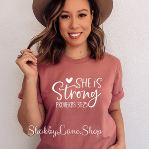T-shirt of the day - She is strong - mauve tee Shabby Lane   