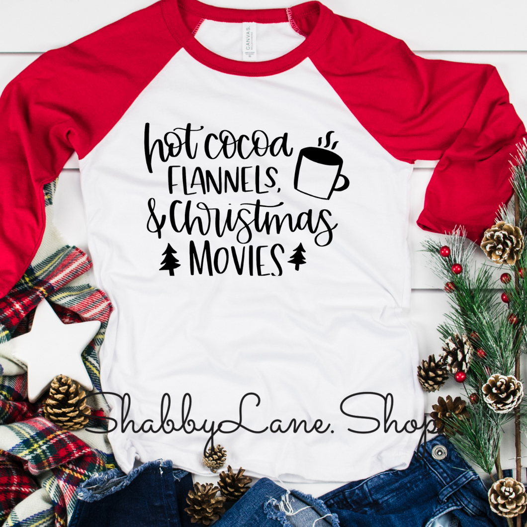 Hot cocoa flannels Christmas movies - red sleeves tee Shabby Lane   