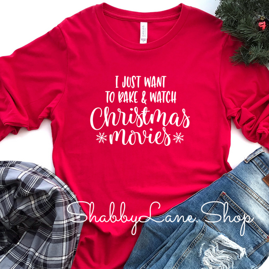 Bake and watch Christmas movies - red long sleeve tee Shabby Lane   