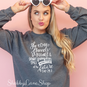 She is clothed in Flannels and leggings   - sweatshirt- Dk Gray tee Shabby Lane   