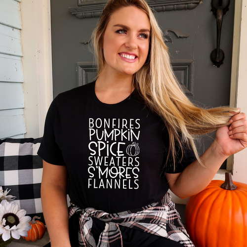 Bonfires pumpkin spice s’mores flannels - T-shirt Black tee Shabby Lane   