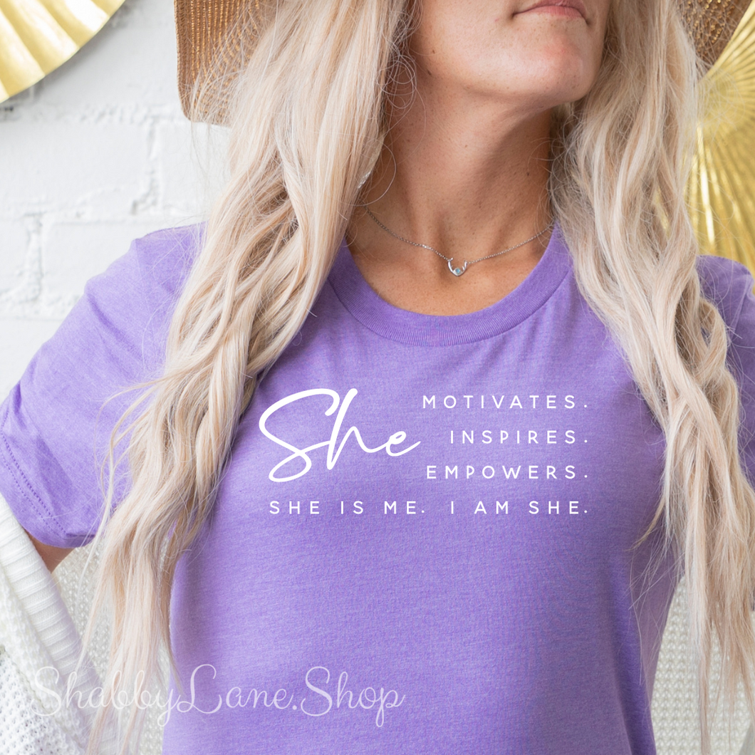 She motivates inspires  T-shirt lavender tee Shabby Lane   