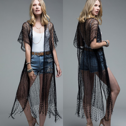Bohemian style crochet loose knit vest with sequins and fringe - black  Shabby Lane   