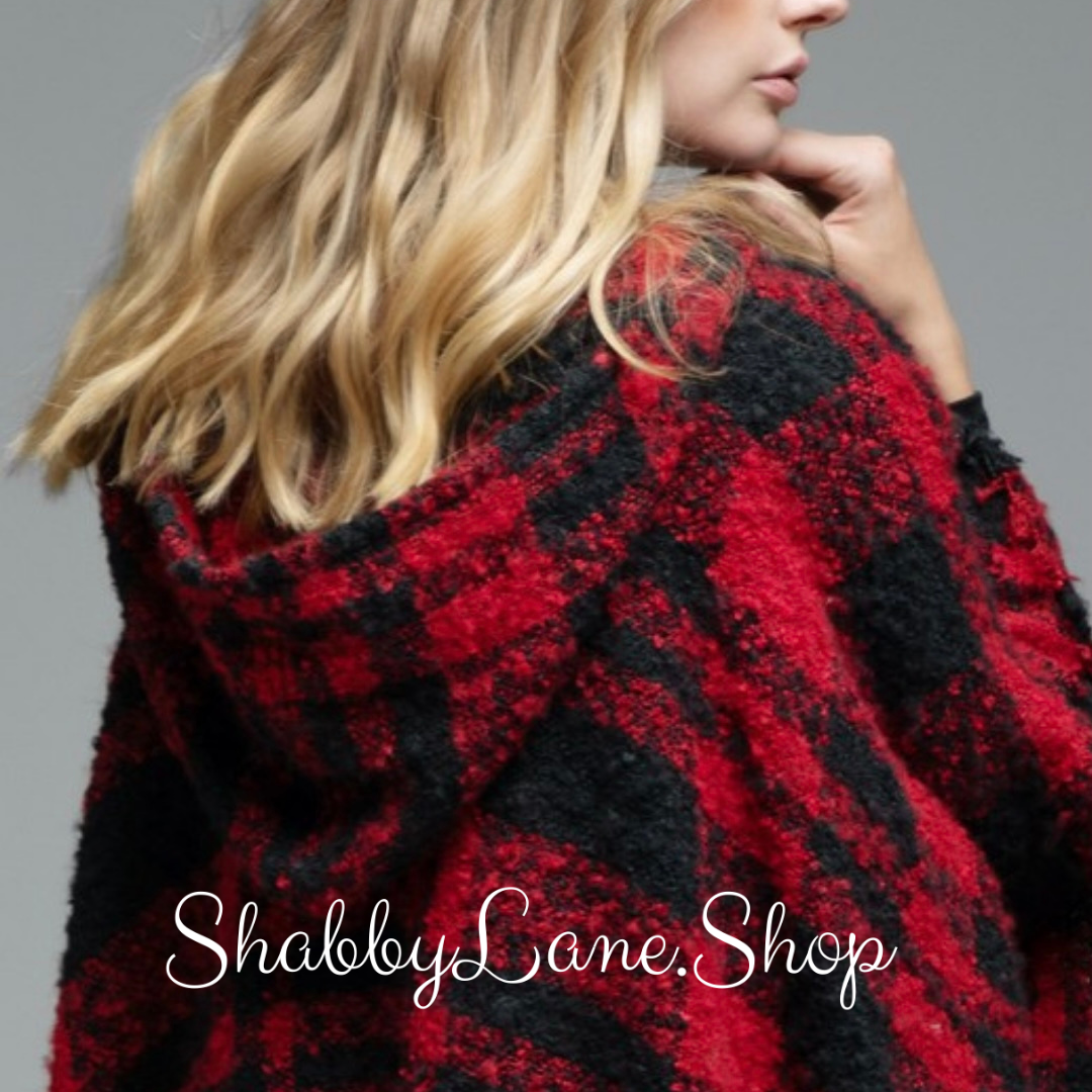 Plush Plaid Ruana Hoodie - Red  Shabby Lane   