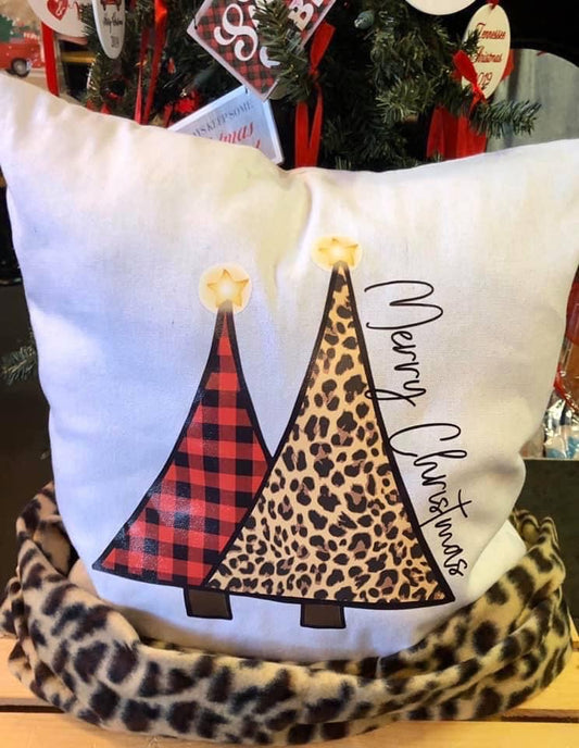 Leopard and Red Buffalo plaid tree Canvas pillow  Shabby Lane   