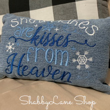 Load image into Gallery viewer, Snowflakes are kisses from heaven accent pillow dark and light blue  Shabby Lane   
