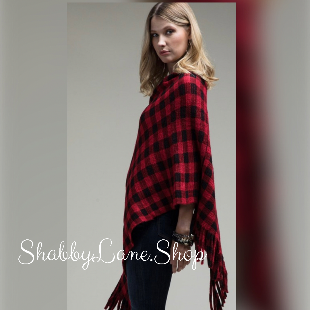 Buffalo plaid poncho with fringe- red  Shabby Lane   