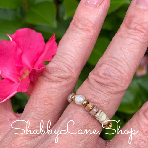 White and tan beaded ring.  Shabby Lane   