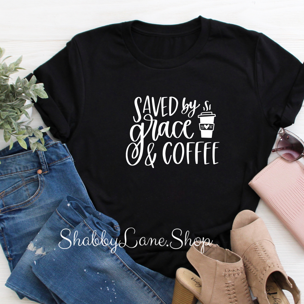 Saved by Grace and Coffee - Black T-shirt tee Shabby Lane   