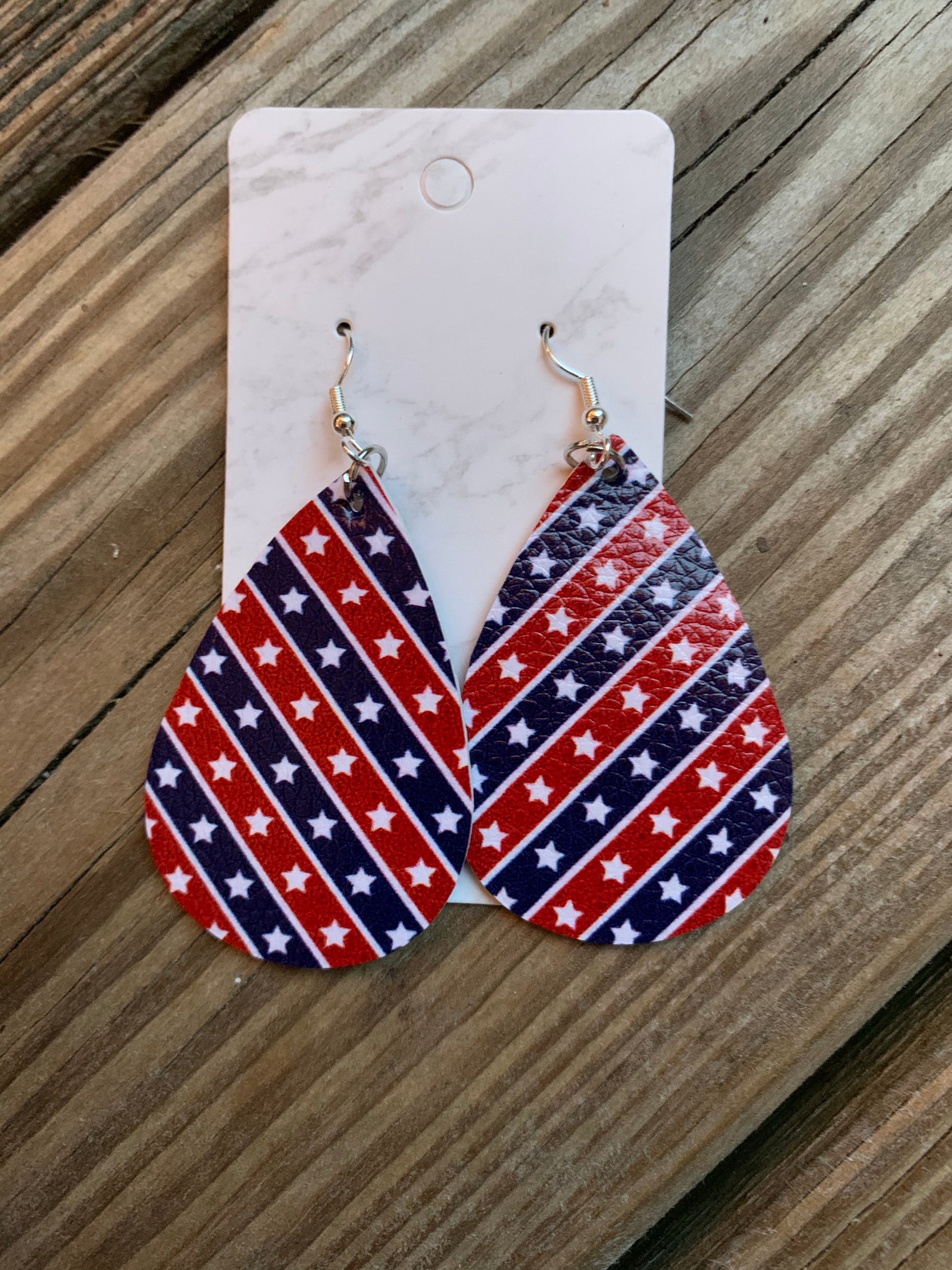 Patriotic Teardrop faux leather earrings Stars red blue stripes  Shabby Lane   