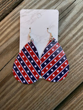 Load image into Gallery viewer, Patriotic Teardrop faux leather earrings Stars red blue stripes  Shabby Lane   