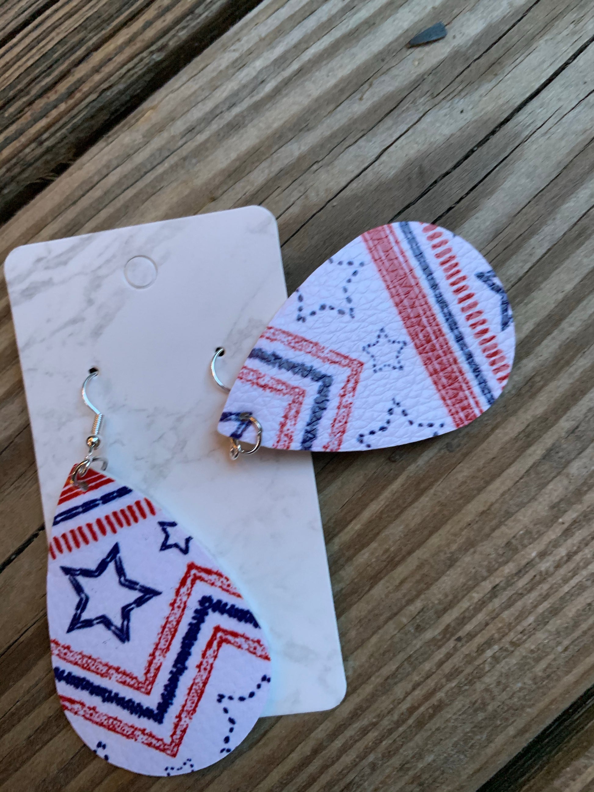 Patriotic Teardrop faux leather earrings white stars  Shabby Lane   