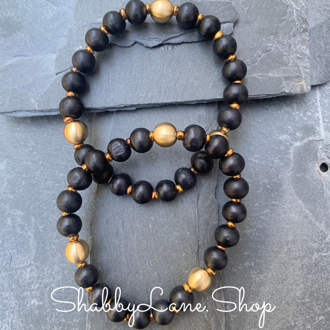 Wooden beaded bracelet- black Faux leather Shabby Lane   
