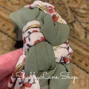 Floral print double knitted headband - sage with gold accents  Shabby Lane   