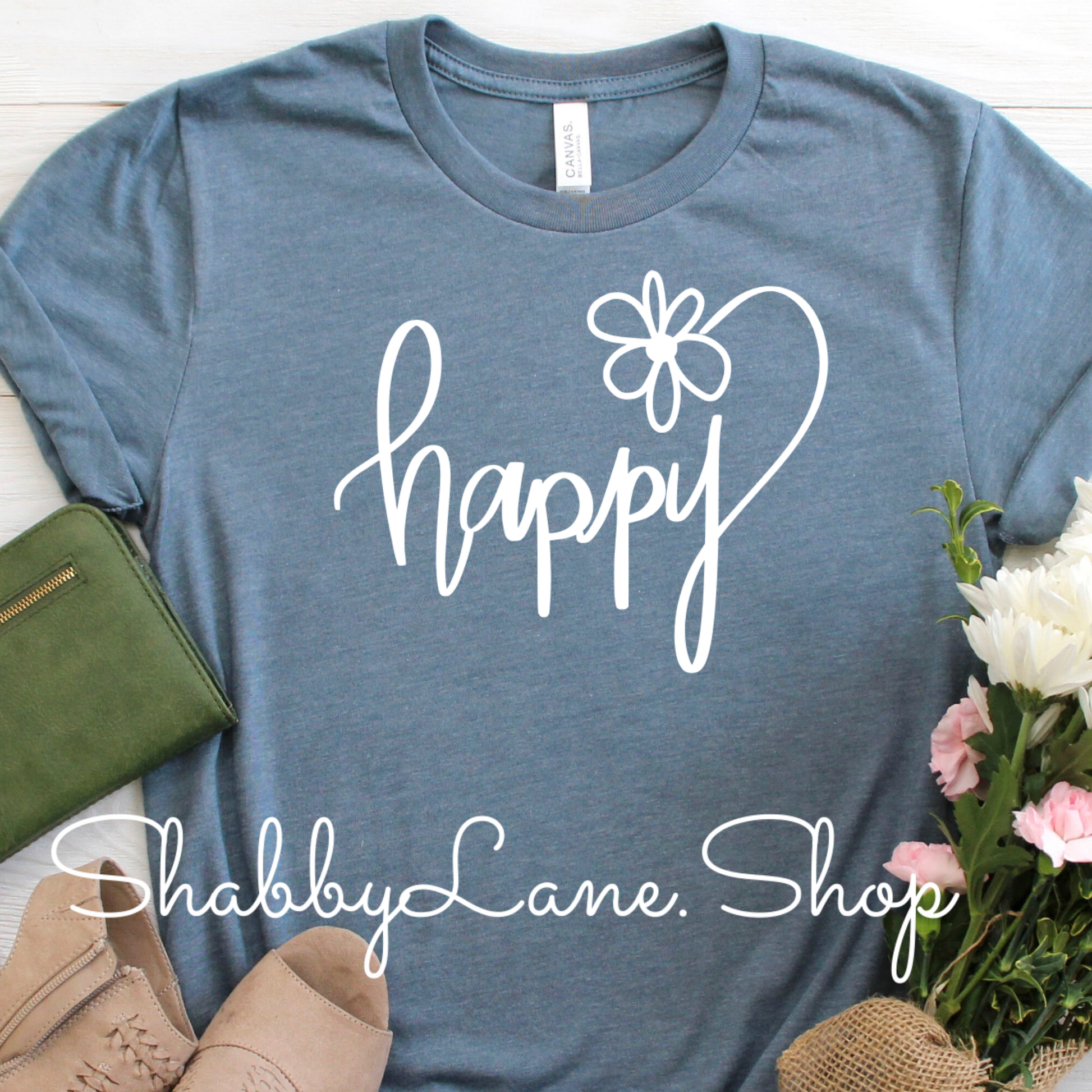 Happy- heather Slate tee Shabby Lane   