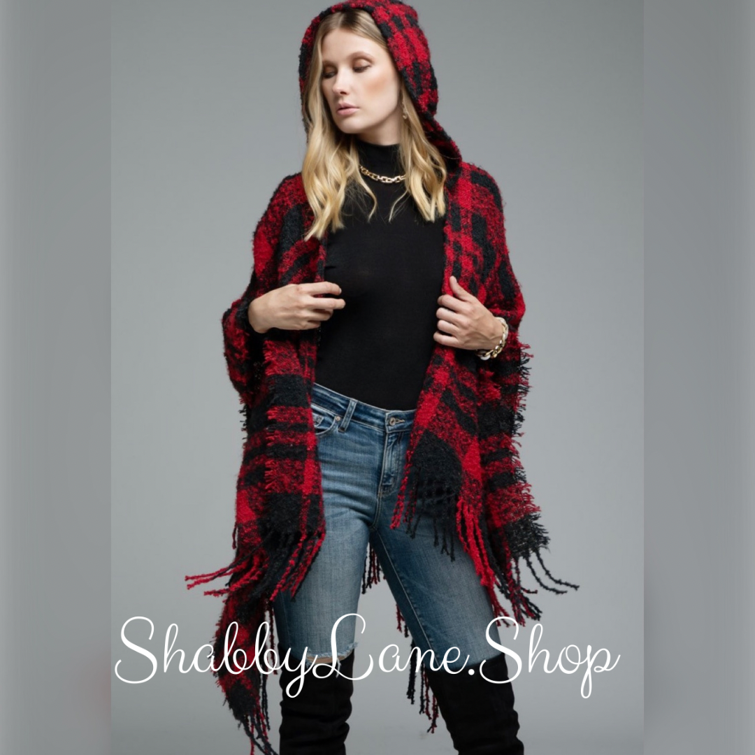 Plush Plaid Ruana Hoodie - Red  Shabby Lane   