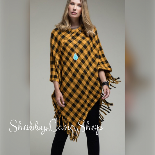 Buffalo plaid poncho with fringe- mustard  Shabby Lane   