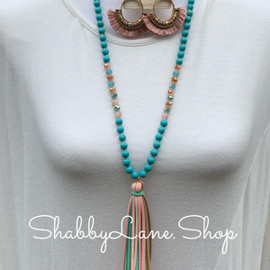 Turquoise Tassel beaded necklace  Shabby Lane   