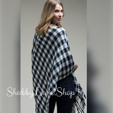 Load image into Gallery viewer, Buffalo plaid poncho with fringe- white and black  Shabby Lane   