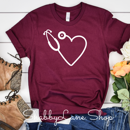Heart  stethoscope- Maroon T-shirt tee Shabby Lane   