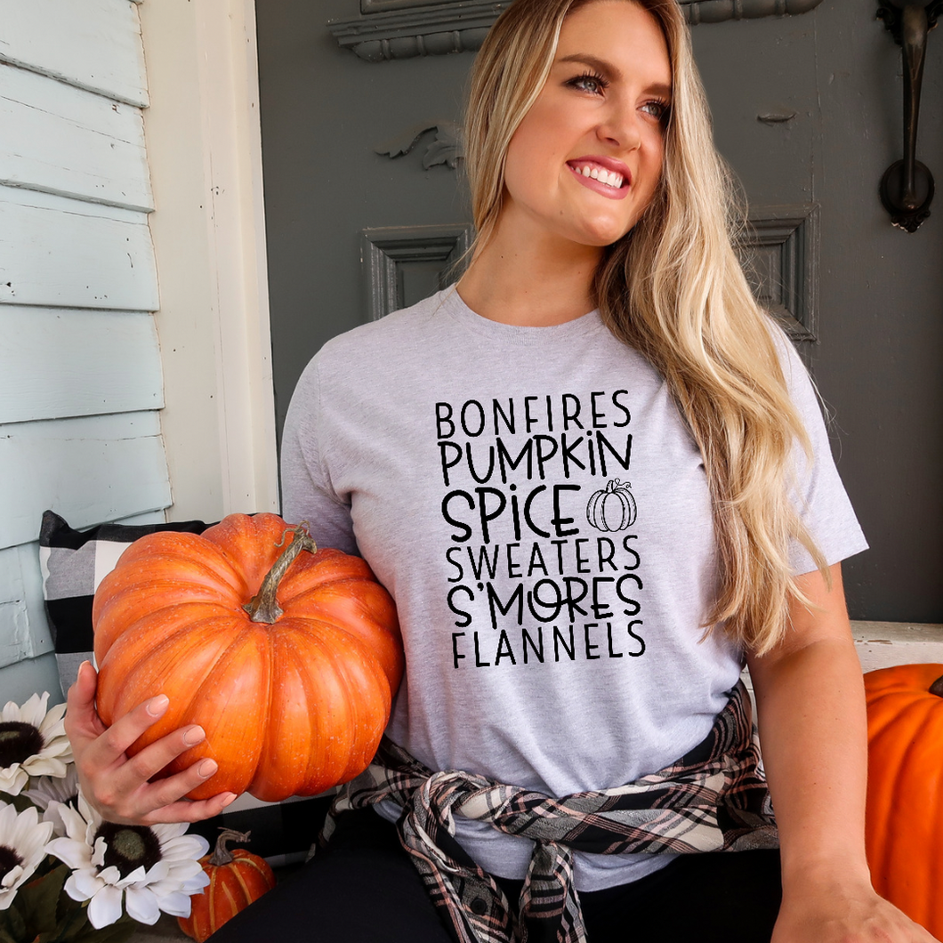Bonfires pumpkin spice s’mores flannels - T-shirt Gray tee Shabby Lane   