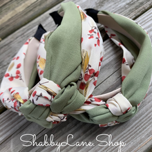 Load image into Gallery viewer, Floral print double knitted headband - sage with gold accents  Shabby Lane   