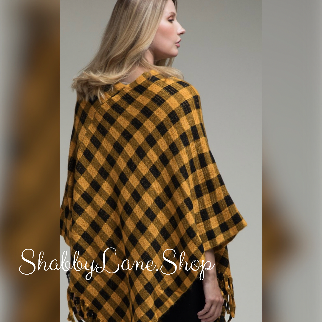 Buffalo plaid poncho with fringe- mustard  Shabby Lane   