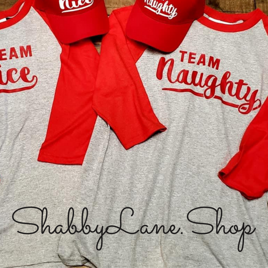 Team Naughty - red sleeves gray unisex T-shirt of the day tee Shabby Lane   