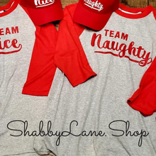 Load image into Gallery viewer, Team Naughty - red sleeves gray unisex T-shirt of the day tee Shabby Lane   