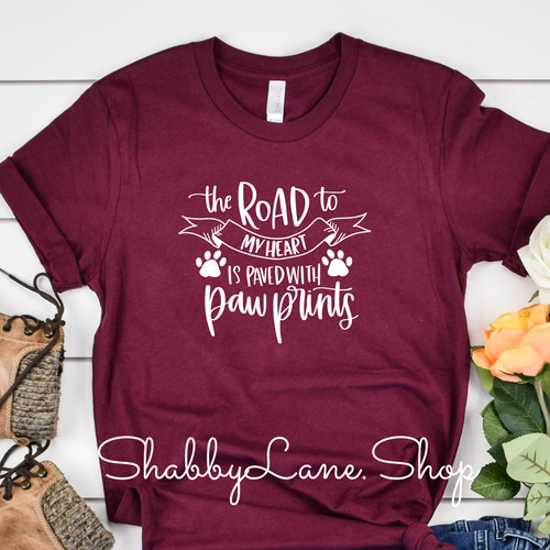 The road to my heart paw prints - Maroon t-shirt tee Shabby Lane   