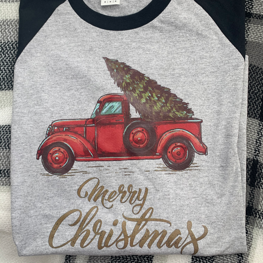 Red vintage truck - black sleeves tee Shabby Lane   