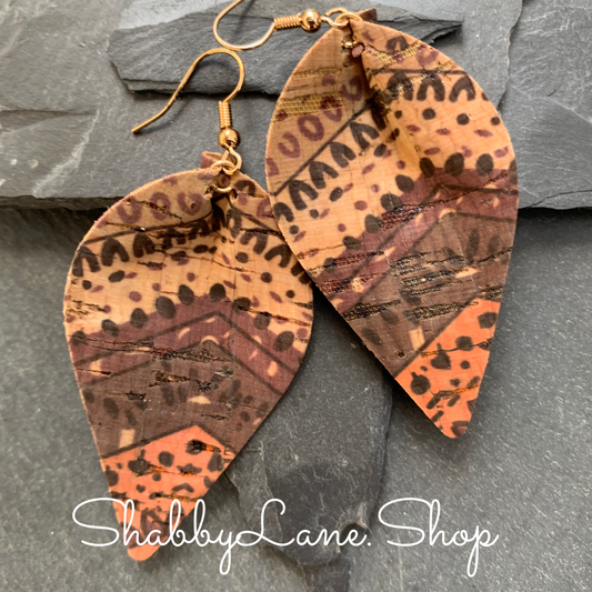 Pinched teardrop cork earrings brown tones  Shabby Lane   