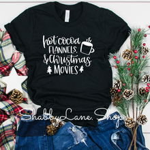 Load image into Gallery viewer, Hot cocoa flannels and Christmas movies- Black tee Shabby Lane   