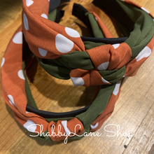 Load image into Gallery viewer, Beautiful burnt orange polka dote and olive knotted headband  Shabby Lane   