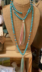 Turquoise Tassel beaded necklace  Shabby Lane   