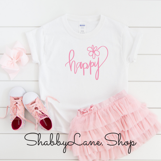 Happy- toddler/kids - white T-shirt - pink text  Shabby Lane   