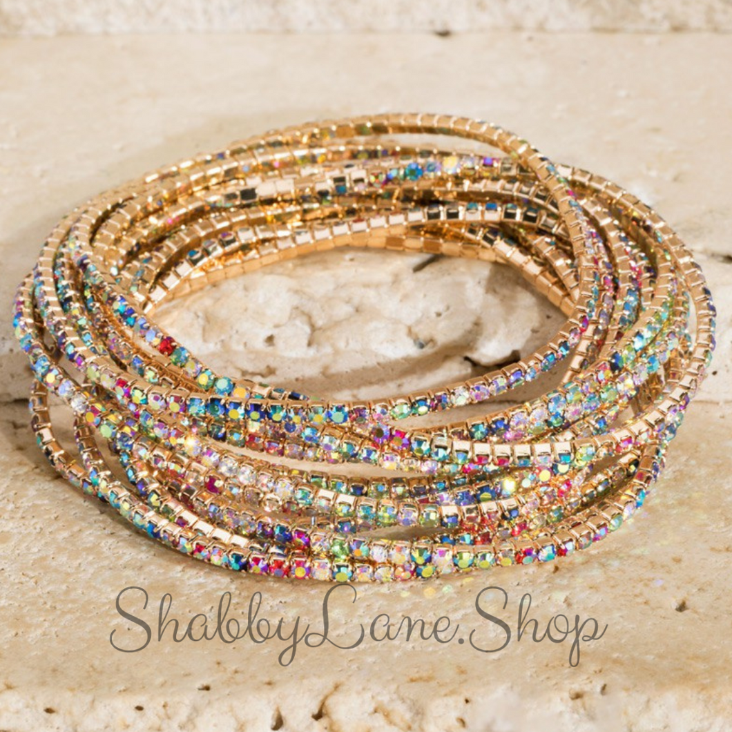 Gorgeous brass and glass rainbow stacked stretch bracelet Faux leather Shabby Lane   