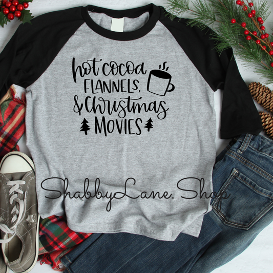 Hot cocoa flannels Christmas movies - gray raglan tee Shabby Lane   