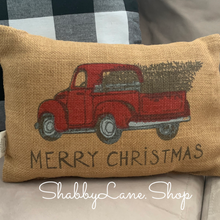 Load image into Gallery viewer, Red truck merry Christmas burlap accent pillow  Shabby Lane   