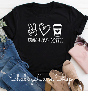 Peace Love and Coffee T-shirt - Black tee Shabby Lane   