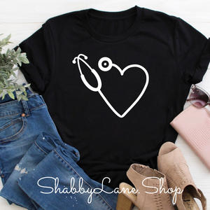 Heart  stethoscope- Black T-shirt tee Shabby Lane   