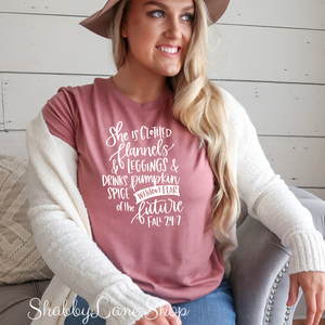 She is clothed in Flannels and leggings  and Pumpkin Spice - Mauve tee Shabby Lane   