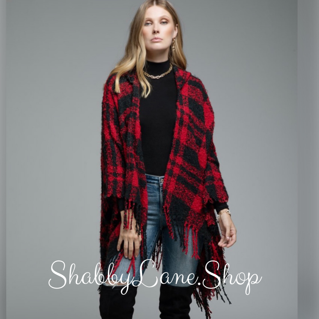 Plush Plaid Ruana Hoodie - Red  Shabby Lane   