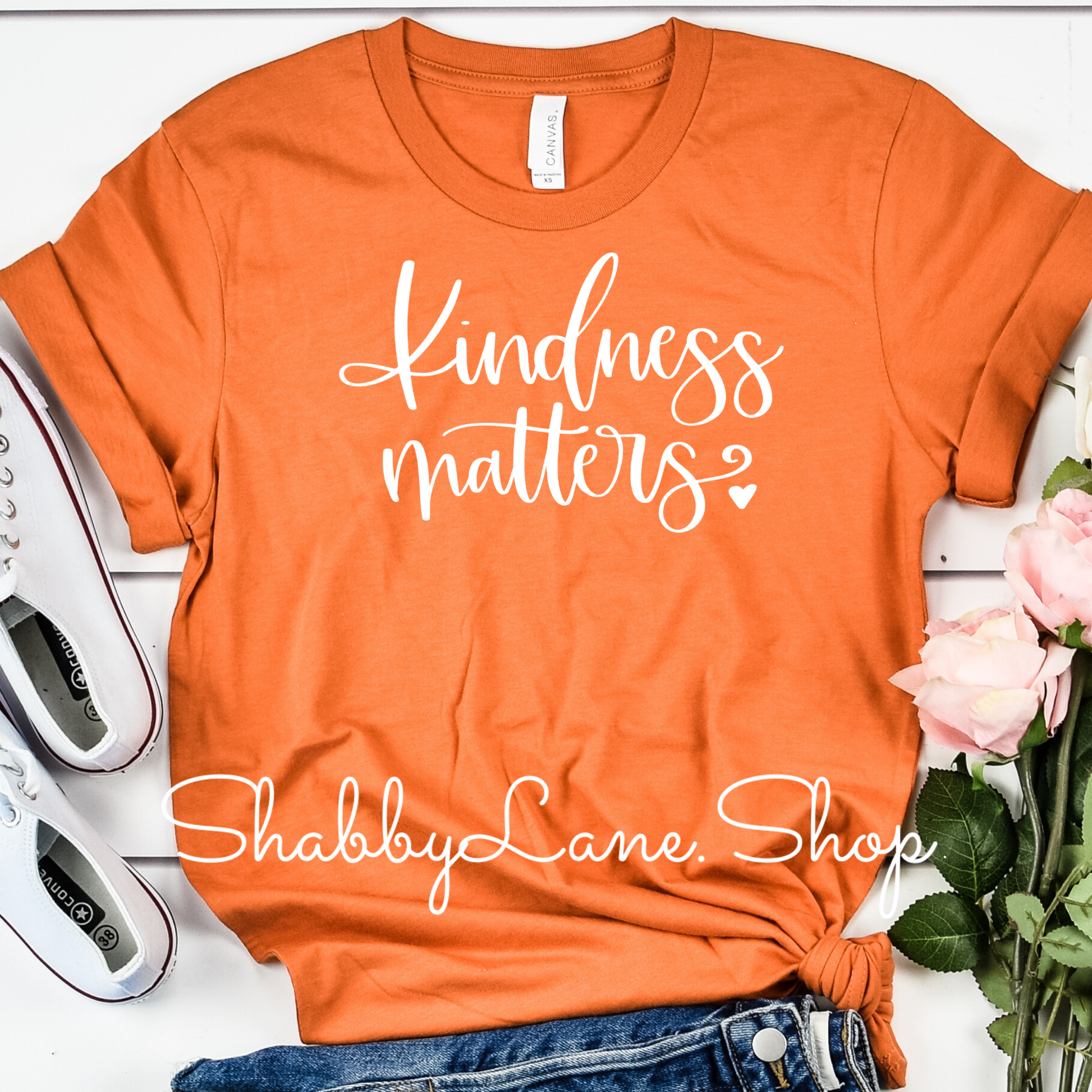 Kindness Matters - burnt orange tee Shabby Lane   