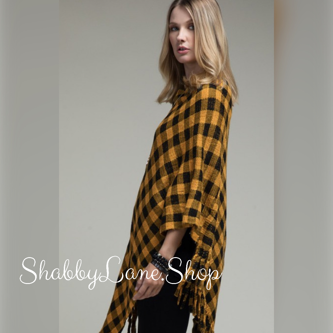 Buffalo plaid poncho with fringe- mustard  Shabby Lane   