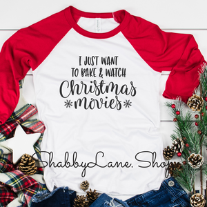 Bake and watch Christmas movies - red sleeves tee Shabby Lane   